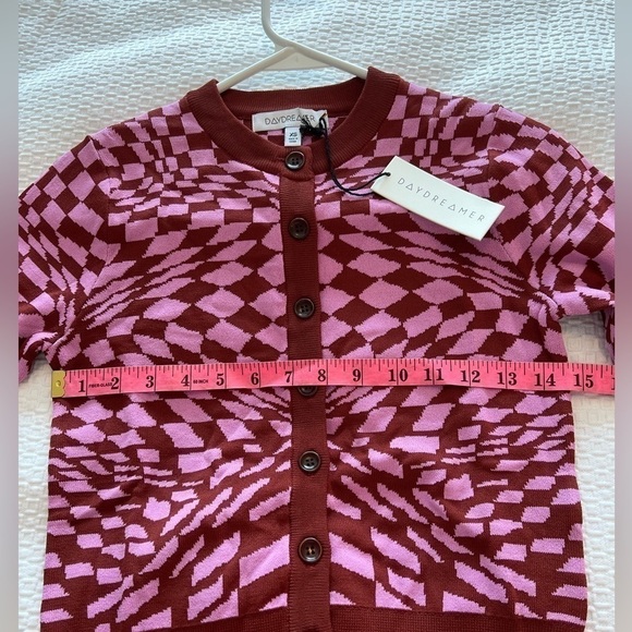 Daydreamer Magenta Wave Abstract Checkered Button Front Cardigan Sweater NWT - Picture 14 of 16